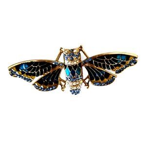 Gold Tone Blue Crystal and Enamel Moth Brooch Pin